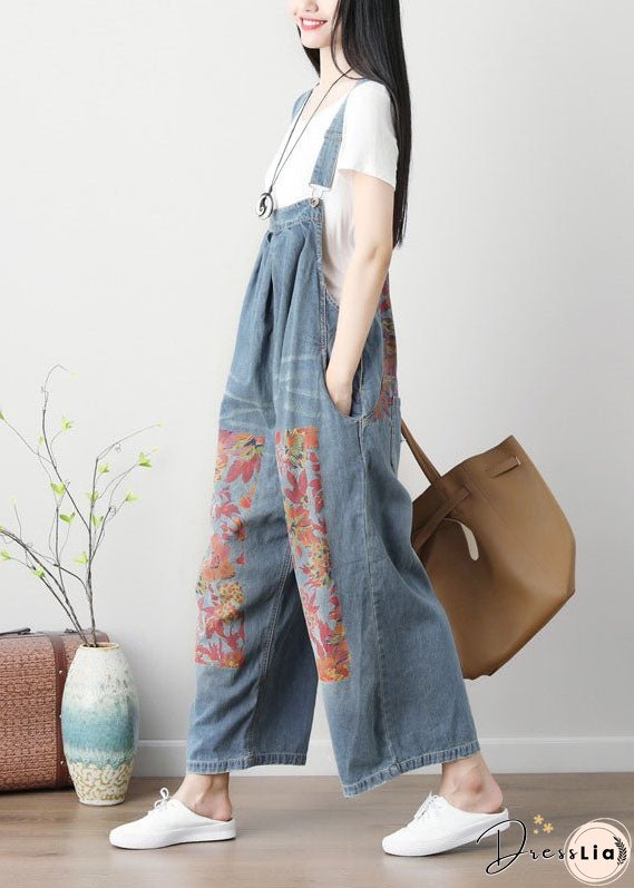 Simple Blue Patchwork Print Wide Leg Carpenter Pants Spring