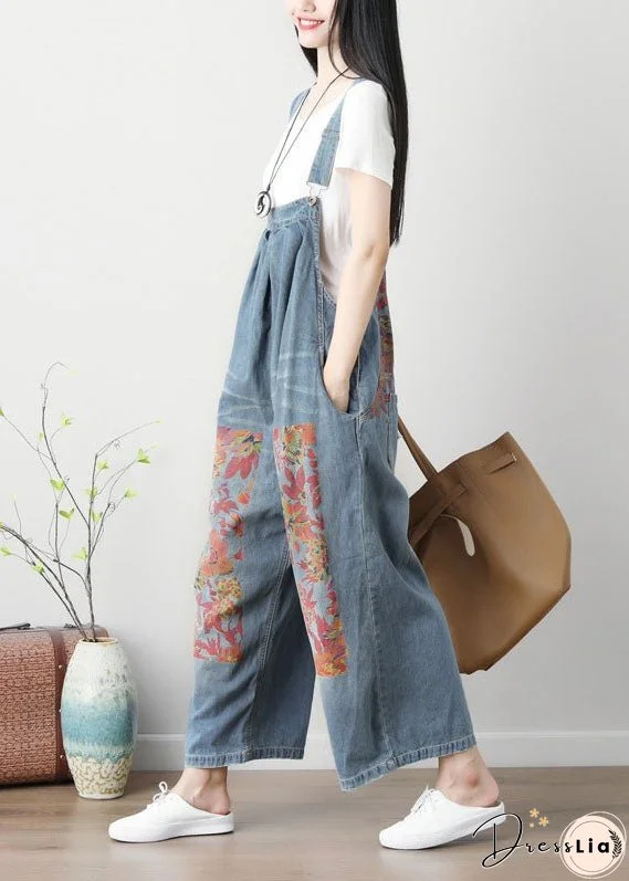 Simple Blue Patchwork Print Wide Leg Carpenter Pants Spring