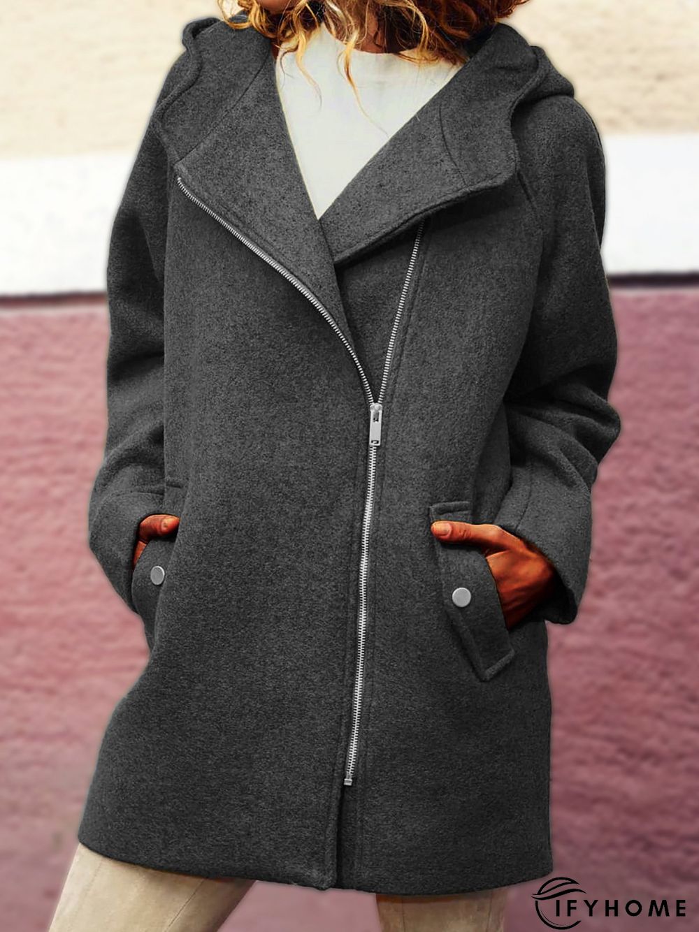 Hooded Asymmetrical Zipper Jacket Coat Overcoat | IFYHOME