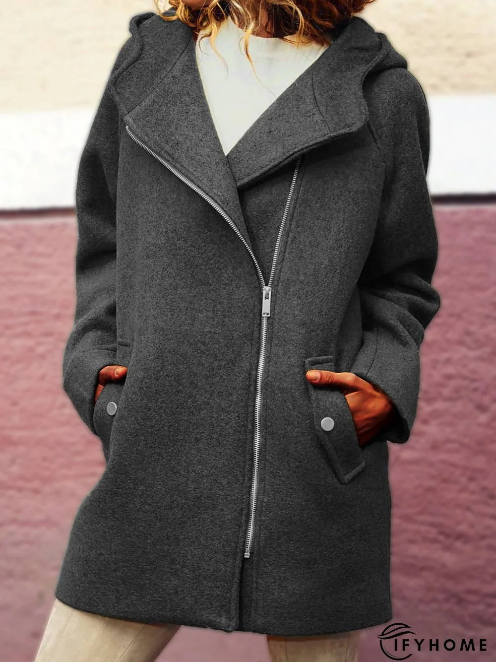 Hooded Asymmetrical Zipper Jacket Coat Overcoat | IFYHOME