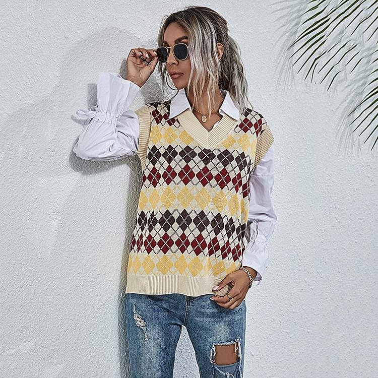 Mayoulove Women's Knitted Sweater Colorful Plaid V-Neck Loose Long Sweater Vest-Mayoulove