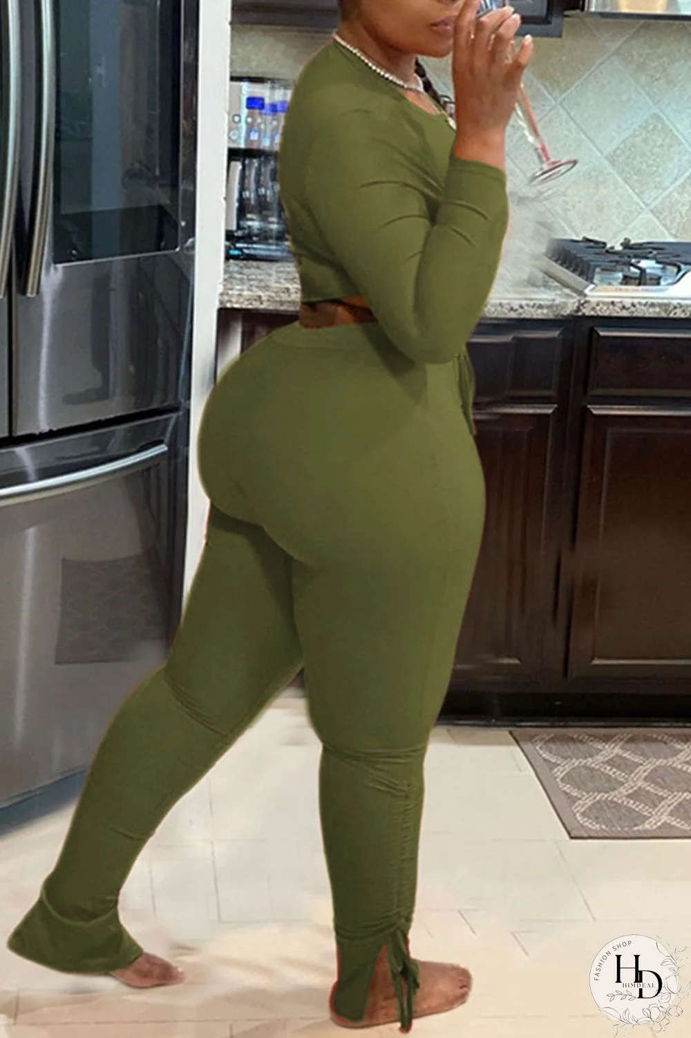 Black Sexy Print Split Joint Frenulum O Neck Long Sleeve Two Pieces