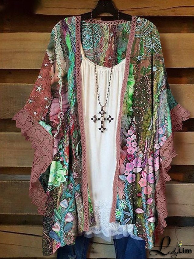 Womens Plus Size Coats - Floral Outdoor Holiday Half-Sleeve Open Front Regular Winter Fall