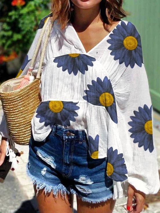 White-Blue Floral Batwing Cotton V Neck Shirts & Tops