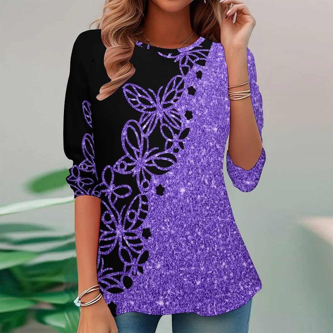 Vintage Printed Long Sleeve Plus Size Tunic for  Women and Men Unisex Pattern Purple,Butterfly,Glitter