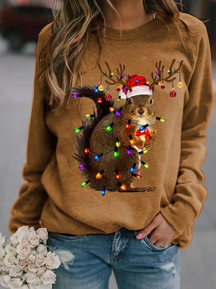 Funny Christmas Squirrel Lights Print Sweatshirt