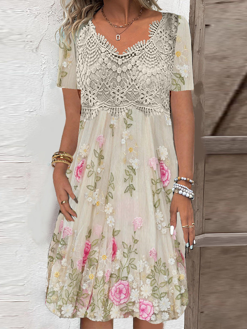 Women's Short Sleeve V-neck Floral Printed Lace Stitching Midi Dress