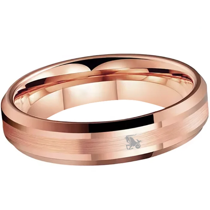 Mens Womens Rose Gold Capricorn Tungsten Carbide Band Rose Gold Edges and Laser Etched Wedding Rings Comfort Fit 4MM 6MM 8MM