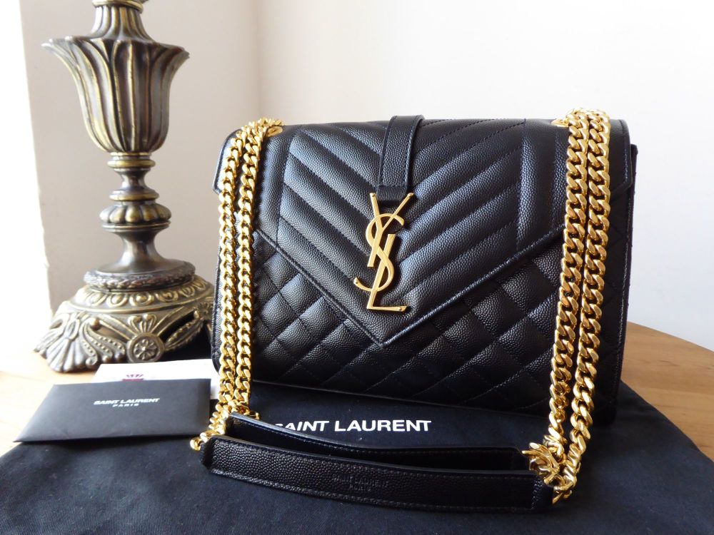 Saint Laurent YSL Envelope Medium Black Grain De Poudre Textured Matelasse  - SOLD