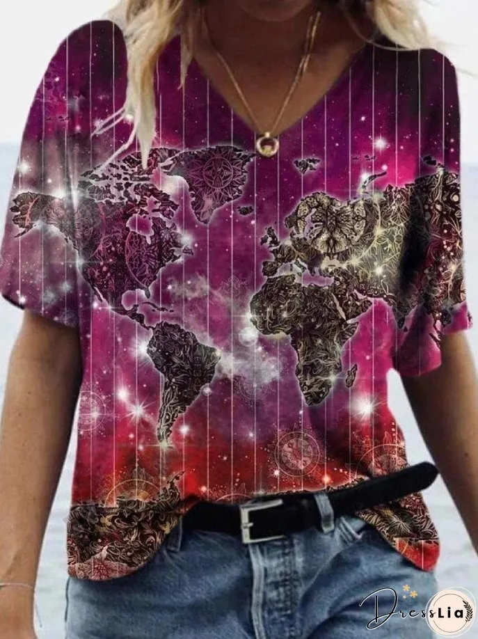 Fashion Map Printed V-neck Short-sleeved T-shirt for Women