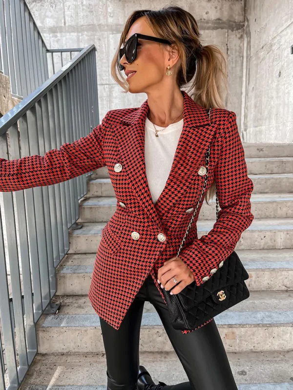 Women's Houndstooth Double Breasted Long Sleeve Blazer Flusfy