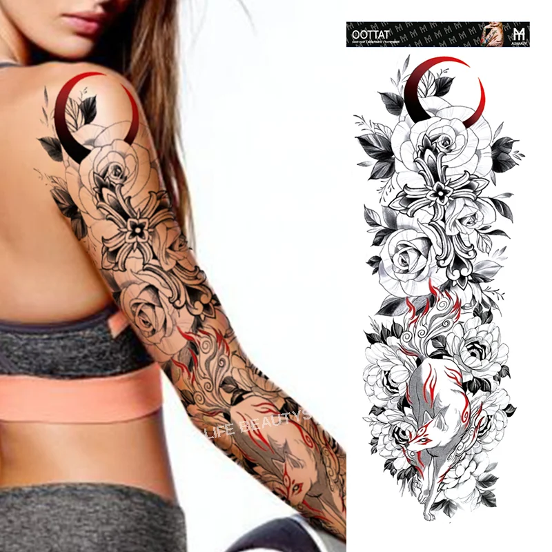 Sdrawing Temporary Full Arm Tattoos Man Women Cool Leg Art Tiger Wolf Black Sleeve Large Fake Sticker Glitter Multiple Style