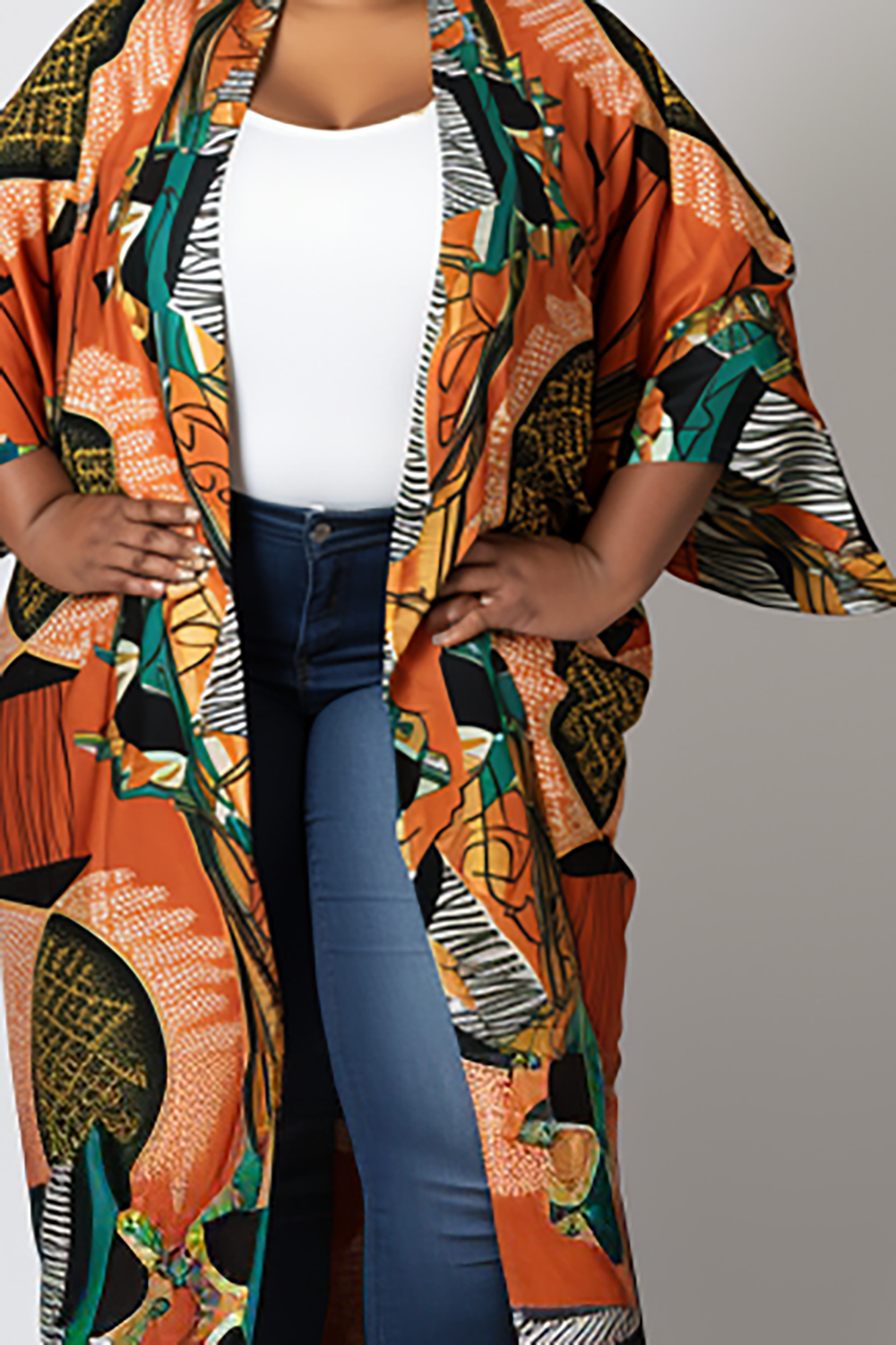 Design Plus Size Daily Casual Orange Ankara Spring Summer 3/4 Sleeve Cardigans [Pre-Order]