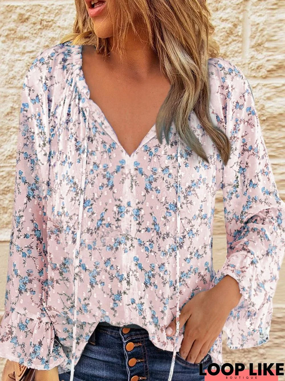 V-Neck Floral Print Loose Long Sleeve Blouse