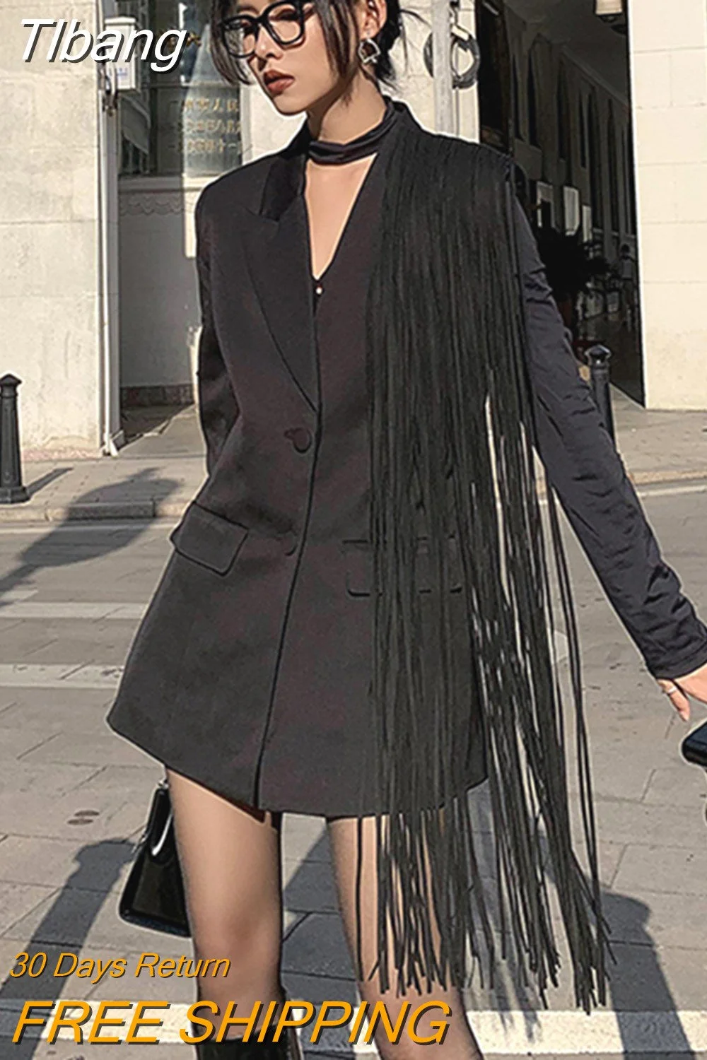 Tlbang Korean Fashion Black Patchwork Tassels Blazer For Women Notched Collar Long Sleeve Solid Blazers Female Spring 2023