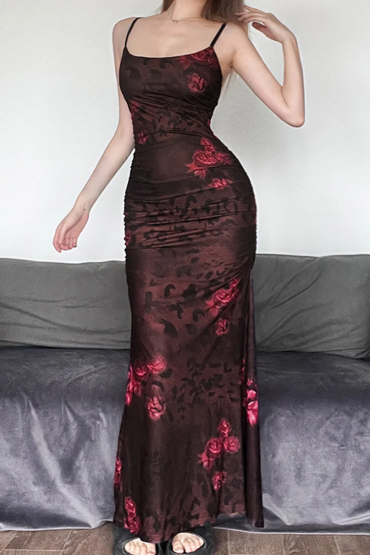 Boat Neck Floral Print Mesh High Slit Bodycon Slip Formal Party Maxi Dress