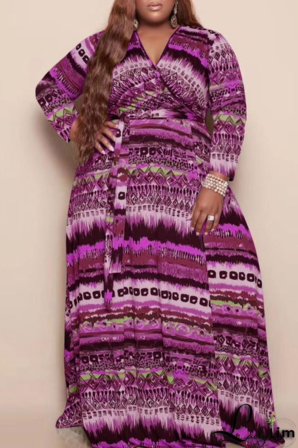 Yellow Casual Print Bandage Patchwork V Neck Long Sleeve Plus Size Dresses