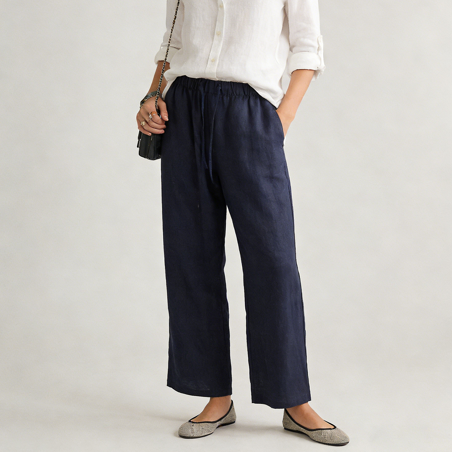 Linen Pants Women 100% Linen Drawstring Wide Leg Trousers Easy Care REAL SILK LIFE