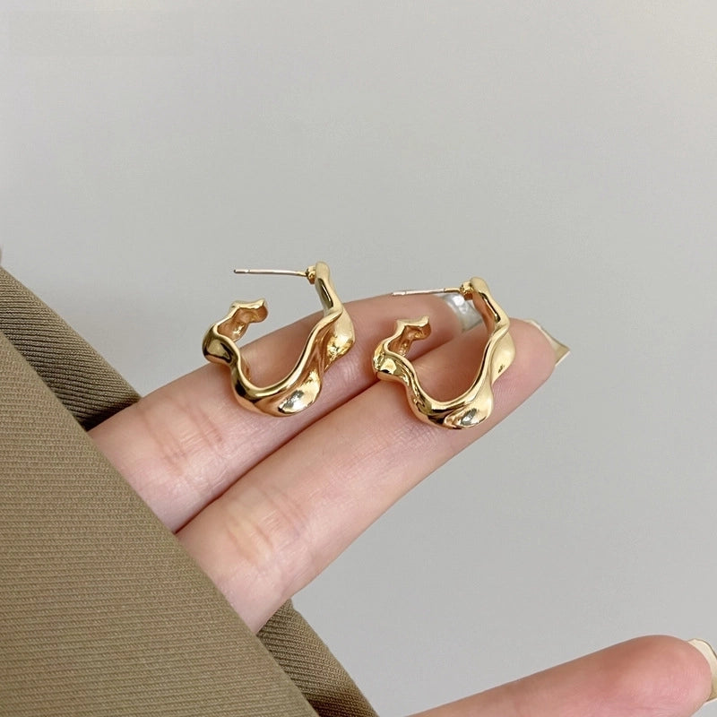 S925 Silver Needle  Irregular Metallic Ear Studs Hip-Hop Trendy Earrings Simple Niche New Earrings 6418