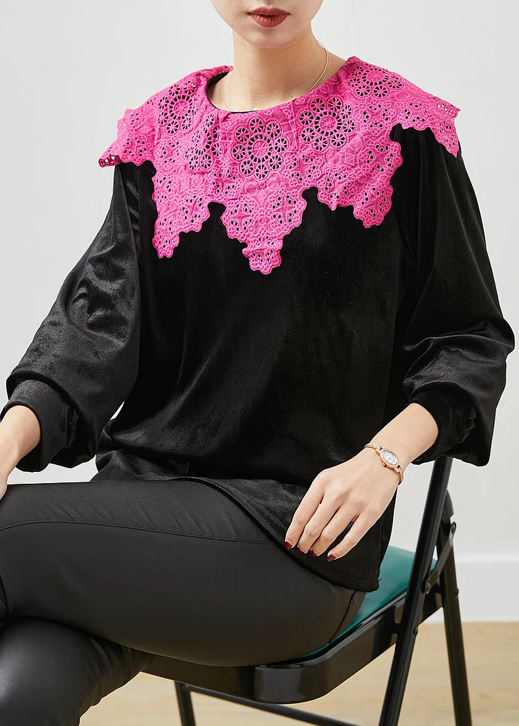 Art Black Lace Patchwork Silk Velour Blouse Tops Spring