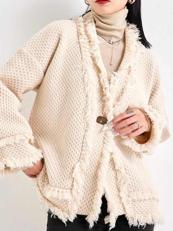 Long Sleeves Loose Buttoned Fringed Solid Color V-Neck Cardigan Tops