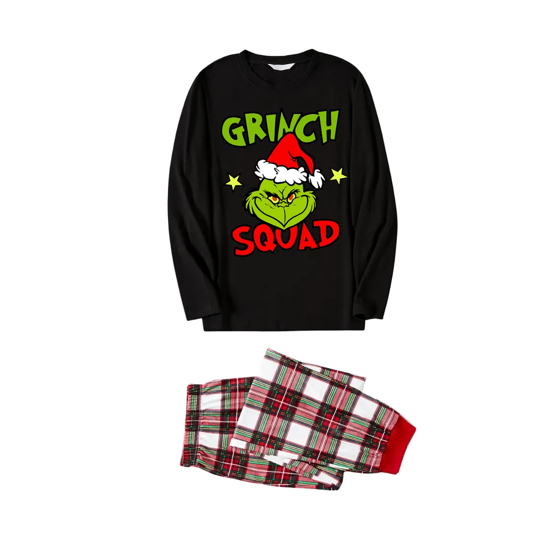 Christmas Cartoon Print and Text Print Black Long Sleeve Top with Red & White & Green Plaid Family Matching Pajamas 2024