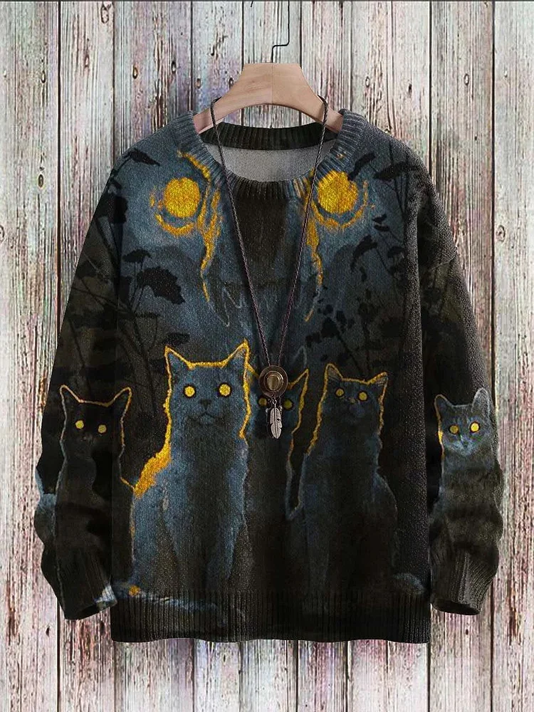 Men's Halloween Vintage Knit Cat Art Graphic Print Sweater