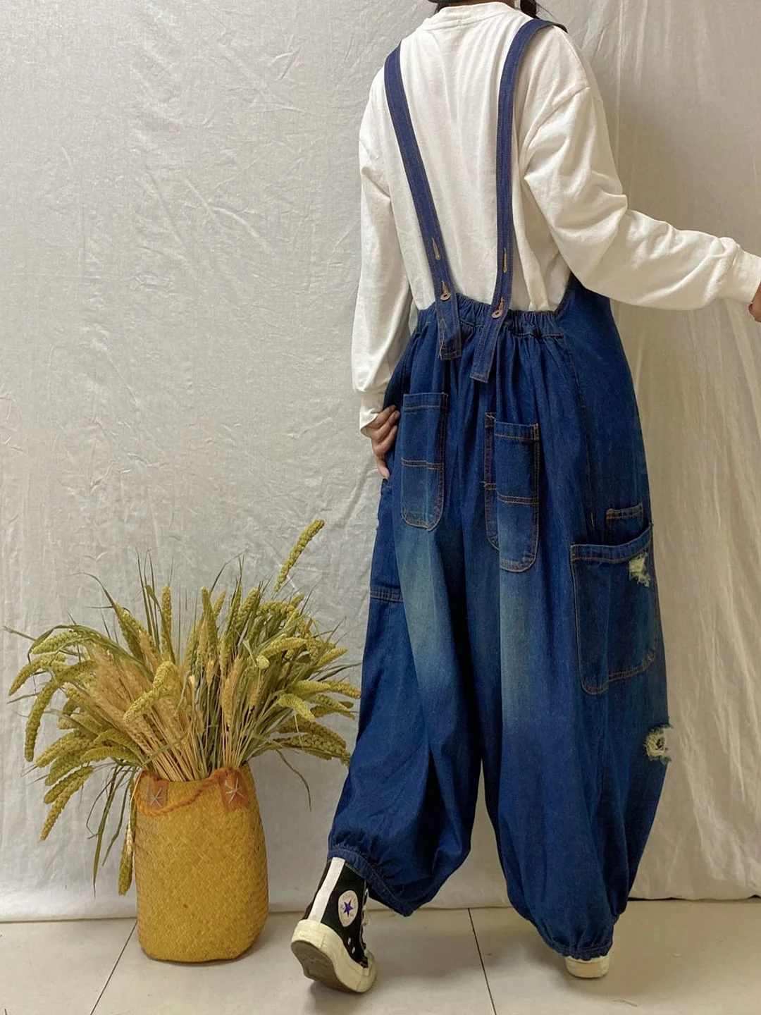 Women's Loose Hole Sleeveless Casual Retro Wide-leg Workwear Denim Overalls Jumpsuit
