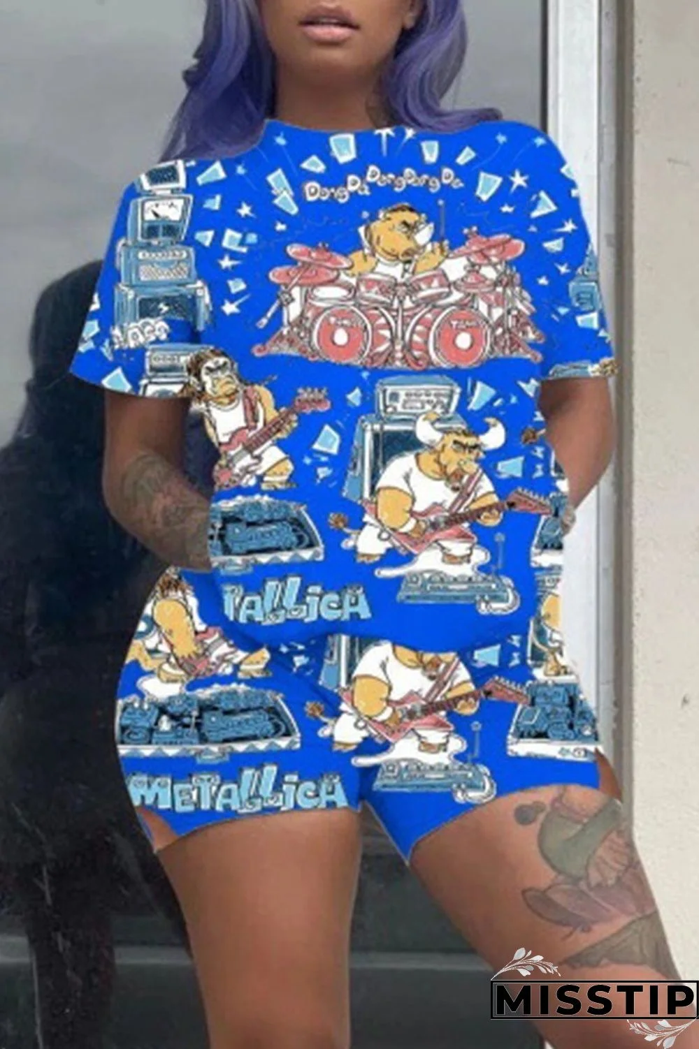Blue Street Print Patchwork O Neck Short Sleeve Two Pieces