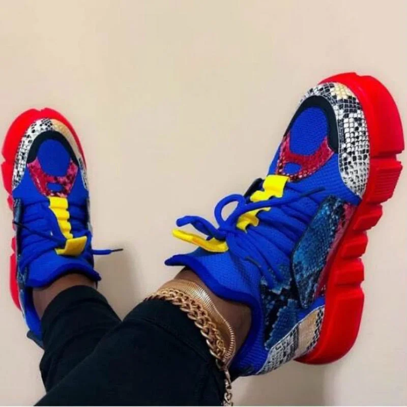 Women Vulcanize Sneakers Mix Color Platform Mid Heel Snake Patchwork Lace Up Casual Fashion 2020 Ladies Shoes Zapatos De Mujer