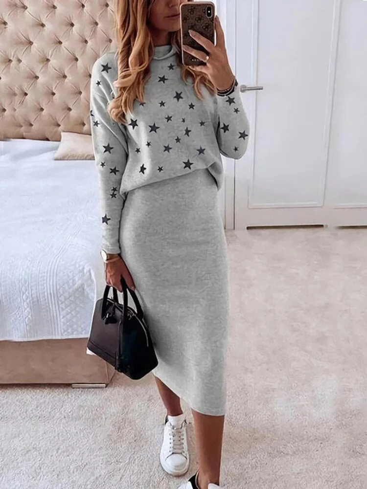 Women Elegant Two Piece Set Skirts Sets Autumn Casual O Neck Printing Long-sleeved Pullover Sweatshirt and Bodycon Skirt Outfits