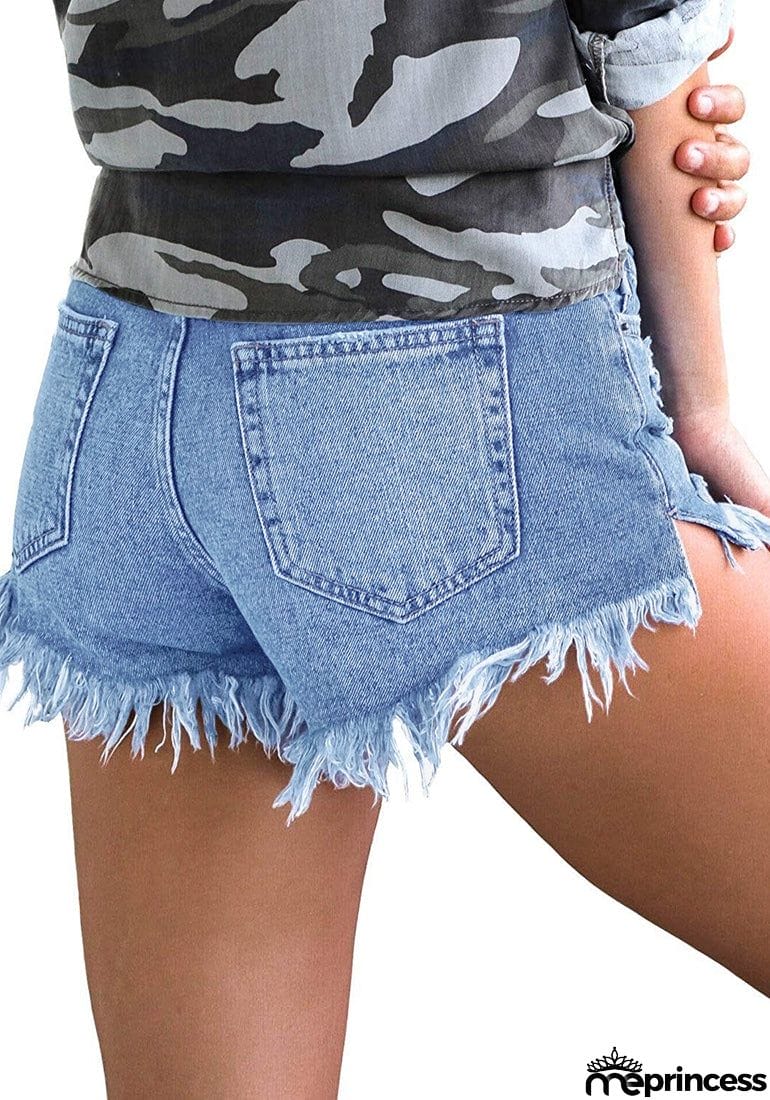 Light Blue Ripped Tasseled Hem Jean Shorts
