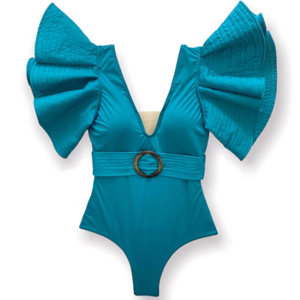 2022 New Sexy Ruffle Print Floral One Piece Strappy Slimming Swimwear Women Swimsuit Deep-V Bathing Suit Beach Wear Monkini