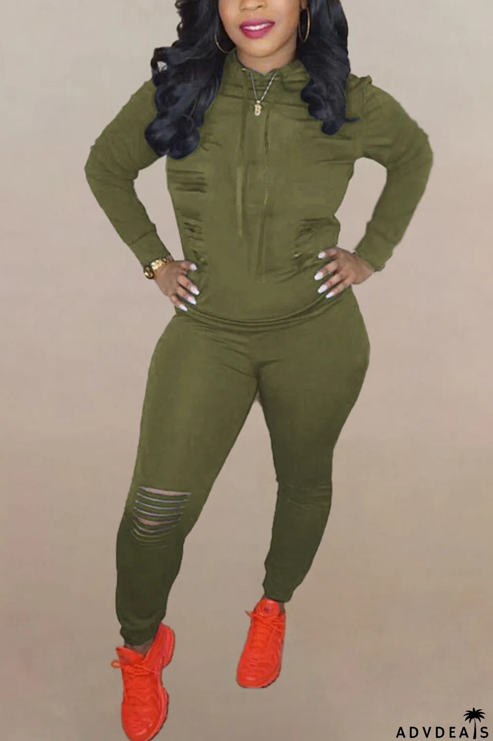 Brown Fashion Solid Ripped Hooded Collar Long Sleeve Two Pieces