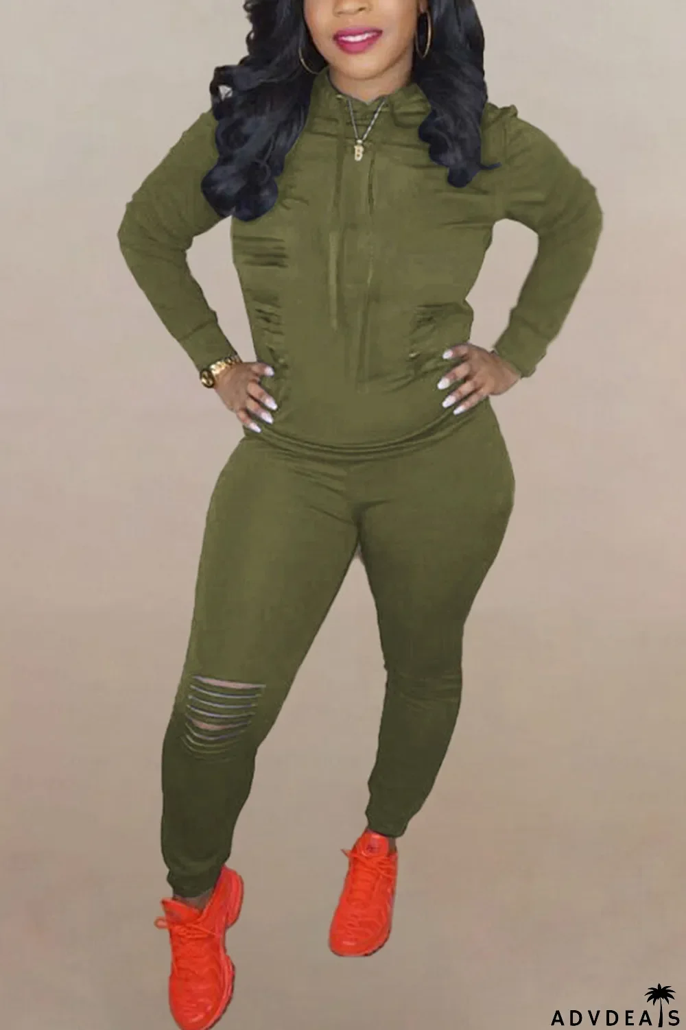 Brown Fashion Solid Ripped Hooded Collar Long Sleeve Two Pieces