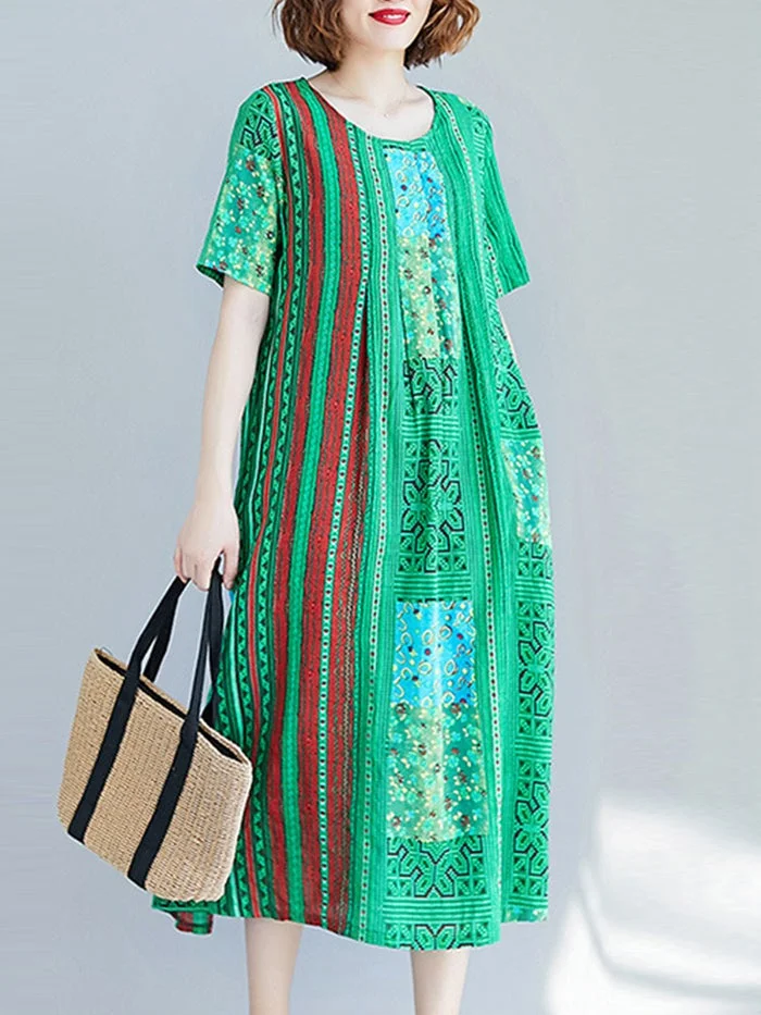 Red Striped Print Short Sleeve Dress