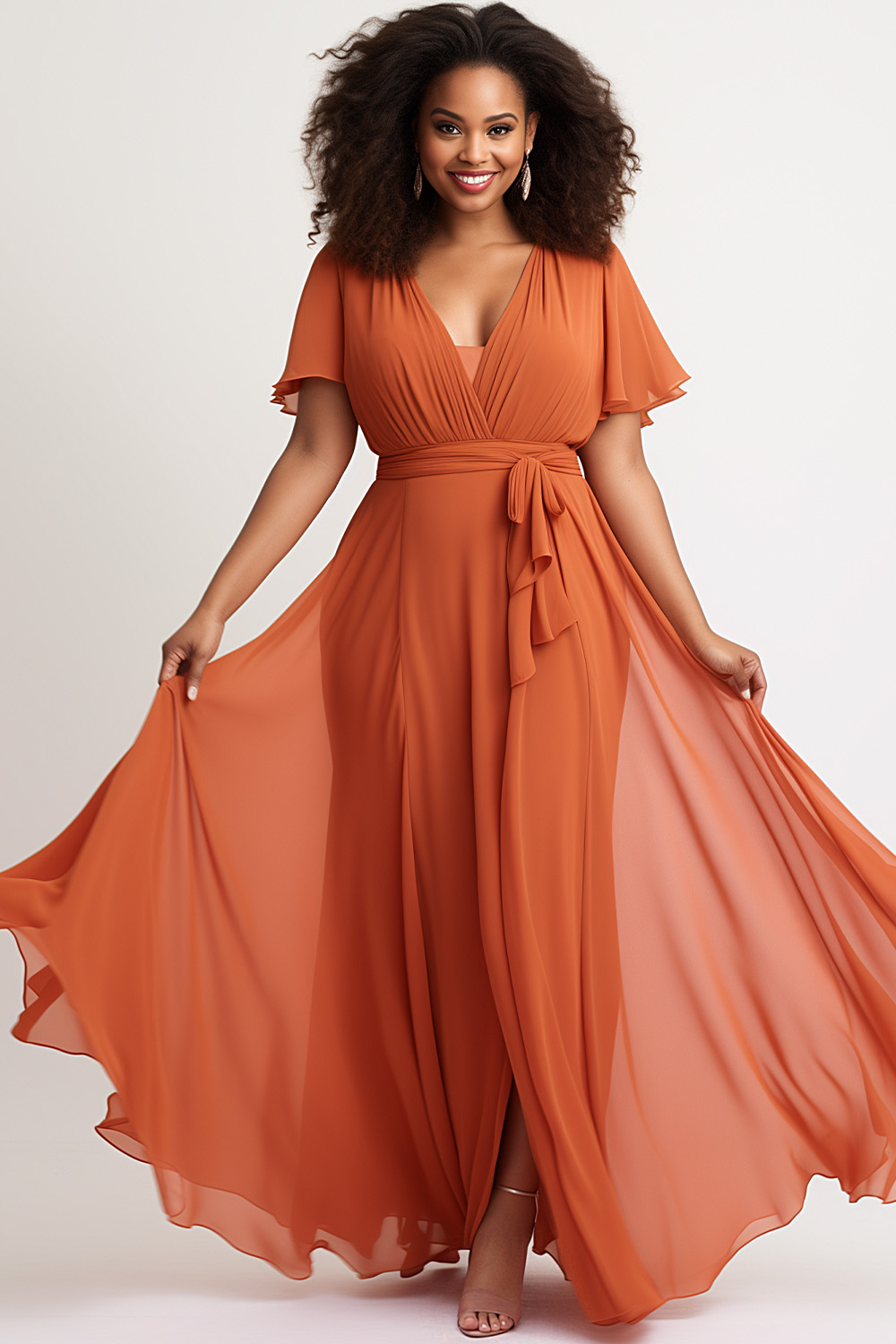 Flycurvy Plus Size Wedding Guest Burnt Orange Chiffon Wrap Flutter Sleeve Slit Maxi Dress 2024 - Flycurvy 