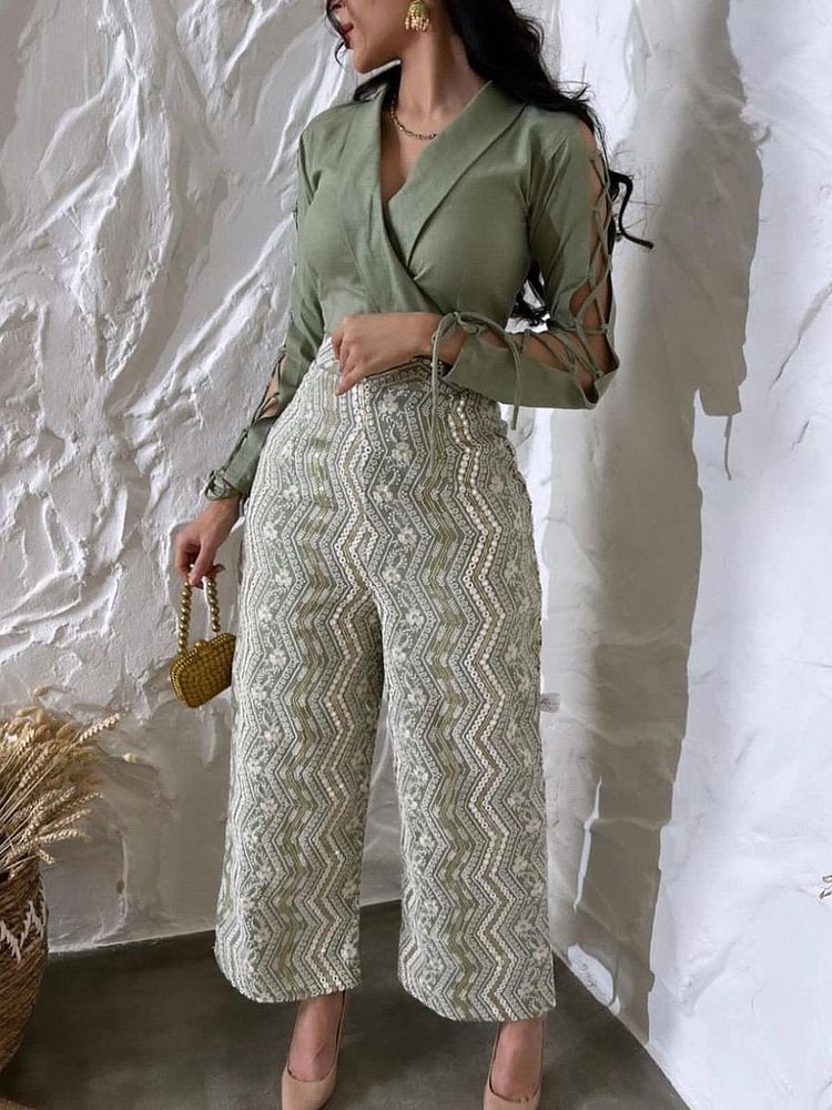 Lace Up Long Sleeve V Neck Top and Patterned Pants Set
