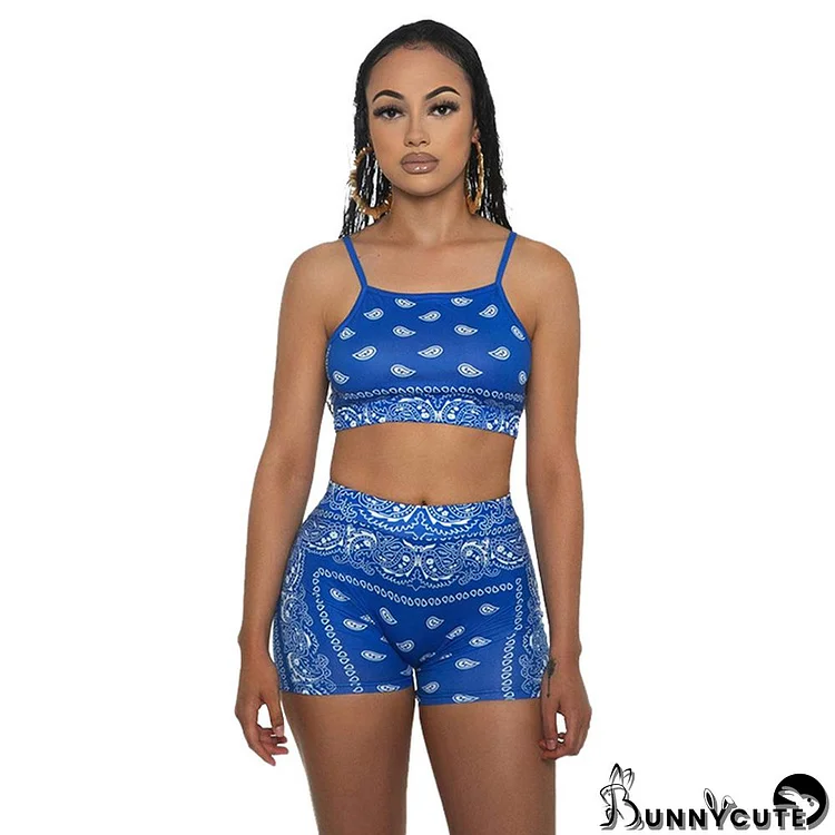 Women's Summer Print Straps Sleeveless Crop Tank Top Shorts Two Piece Set