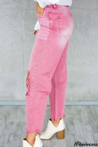 Distressed Raw Hem Jeans with Pockets
