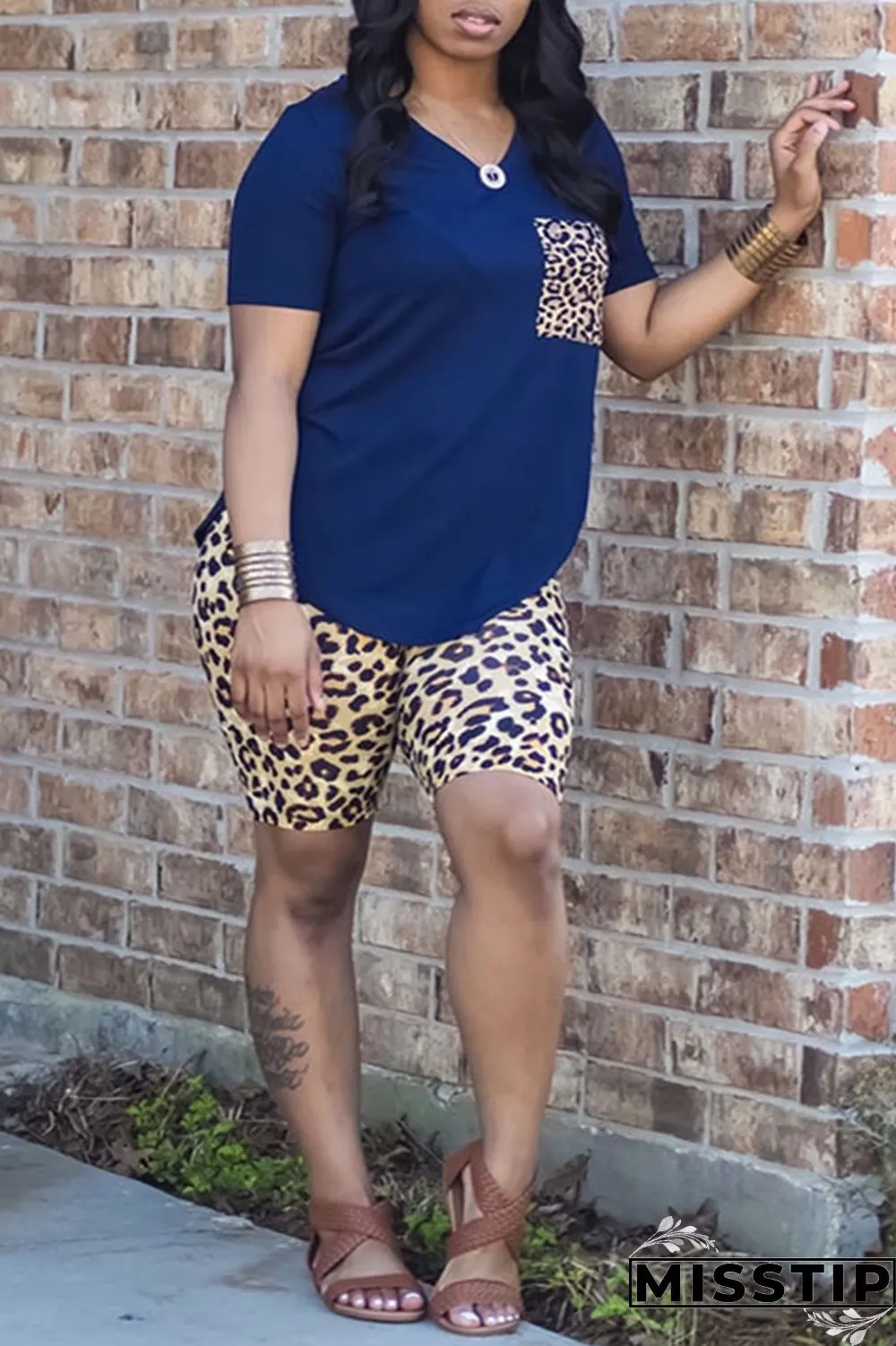 Pink Fashion Casual Leopard Printing V Neck Short Sleeve Two Pieces