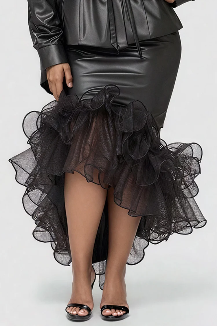 Xpluswear Design Plus Size Formal Tulle Gold Turndown Collar Long Sleeve Ruffle Elegant Bodycon PU Leather Two Piece Skirt Sets [Pre-Order]