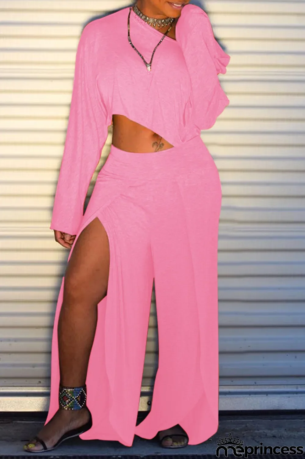 Pink Fashion Casual Solid Split Joint Slit Oblique Collar Long Sleeve Two Pieces
