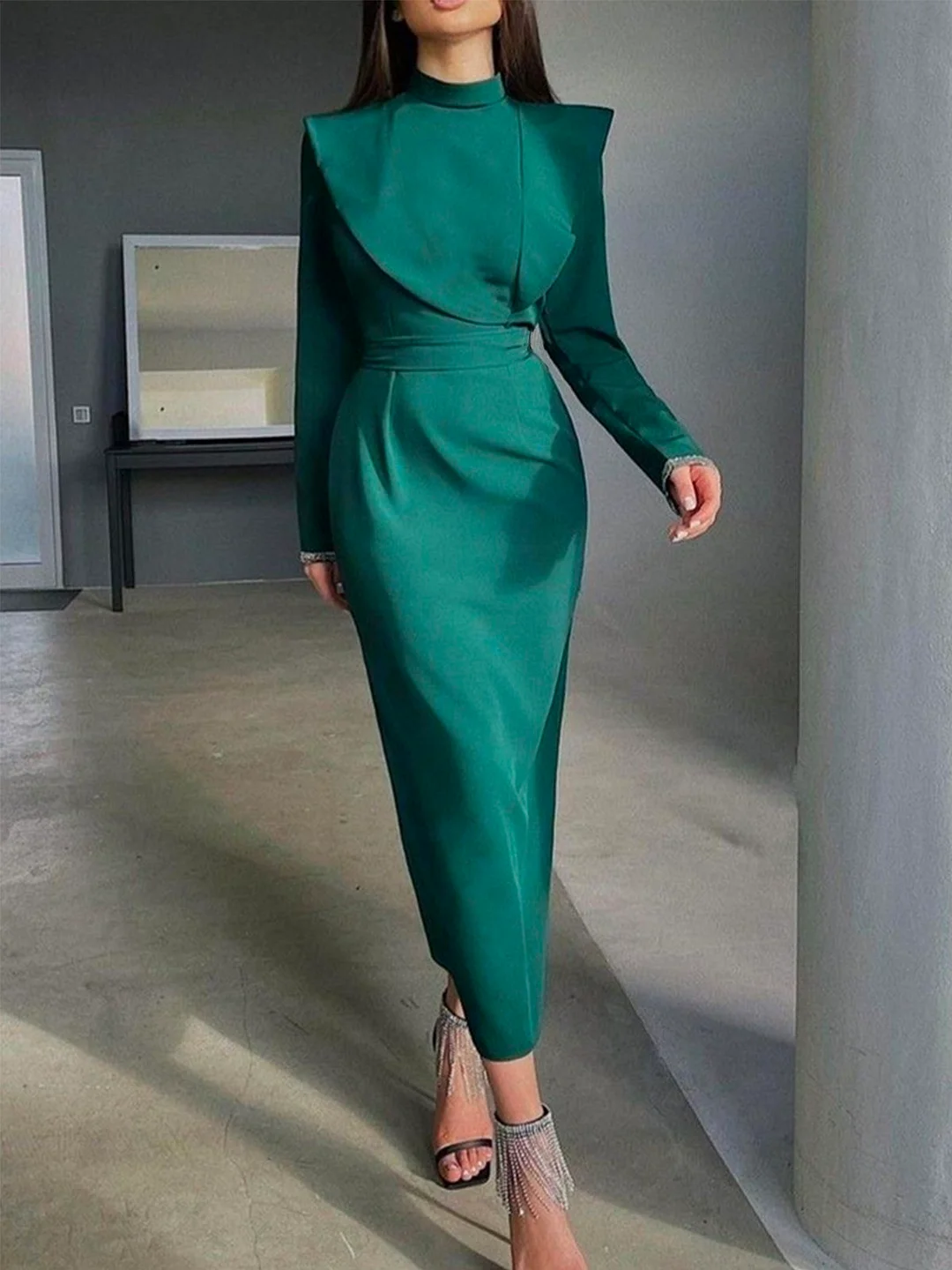 Regular Fit Stand Collar Plain Elegant Long Sleeve Maxi Dress | IFYHOME