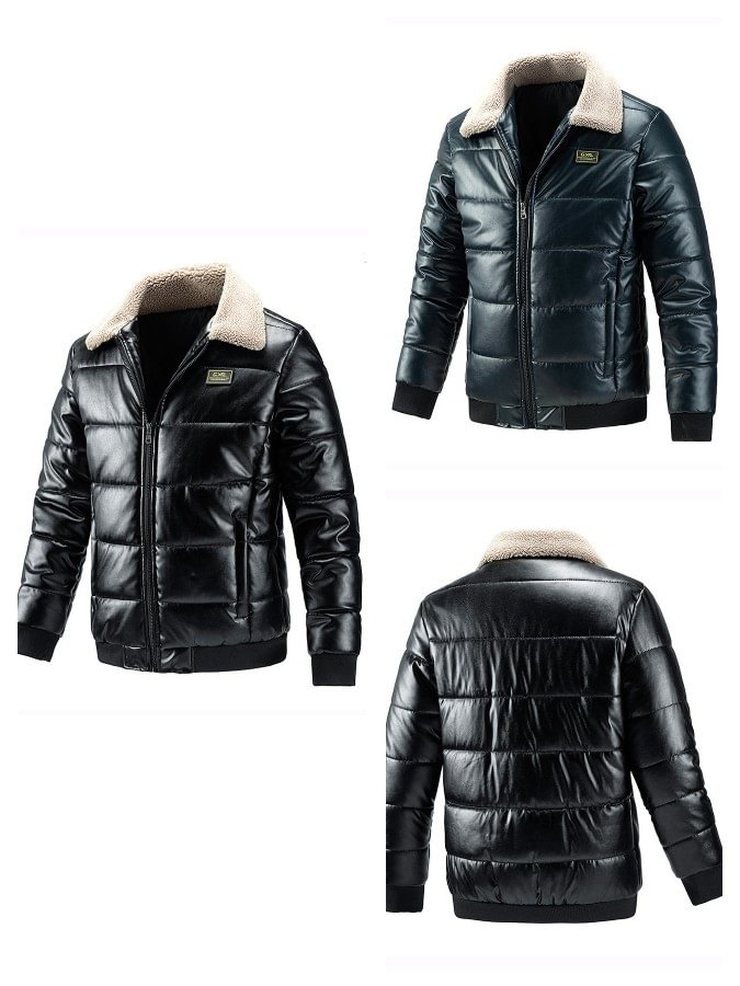 Men's Leather Down Jacket Fleece Collar Winter Padded Jacket