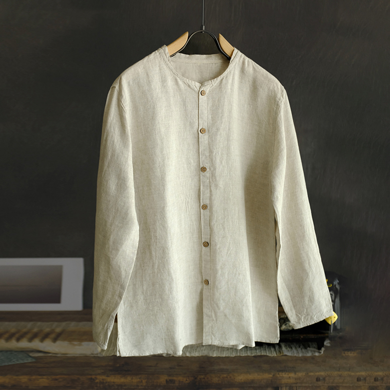 Men's Casual Beige Linen Long Sleeve Shirt
