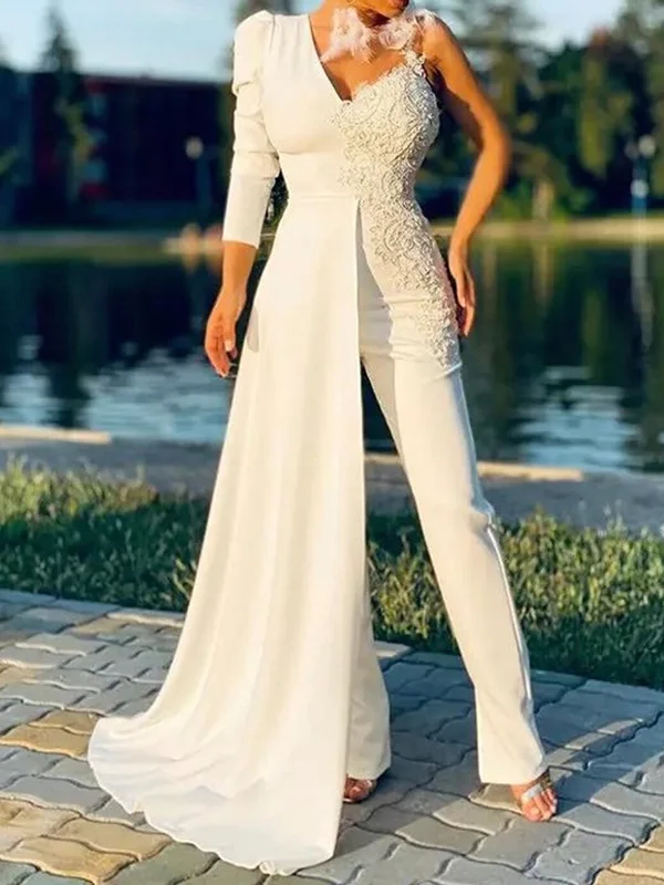 Fashion One-Shoulder Embroidered Empire Split-Joint White Jumpsuit