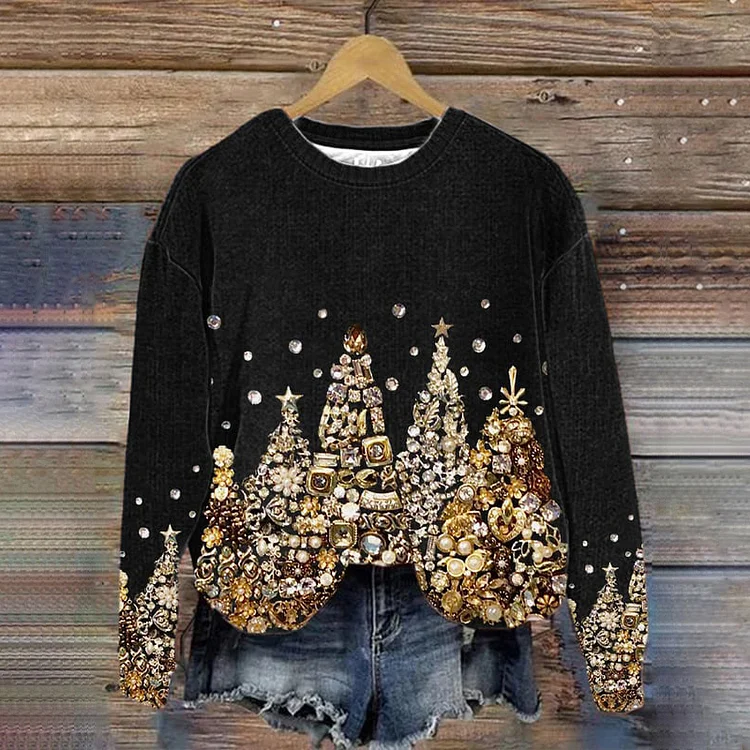 Christmas Tree Jewel Art Crew Neck Sweatshirt