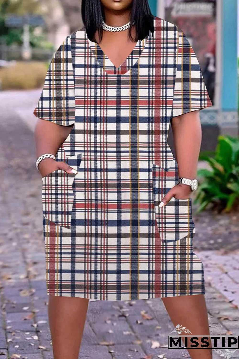 Multicolor Casual Print Patchwork V Neck Short Sleeve Dress Plus Size Dresses