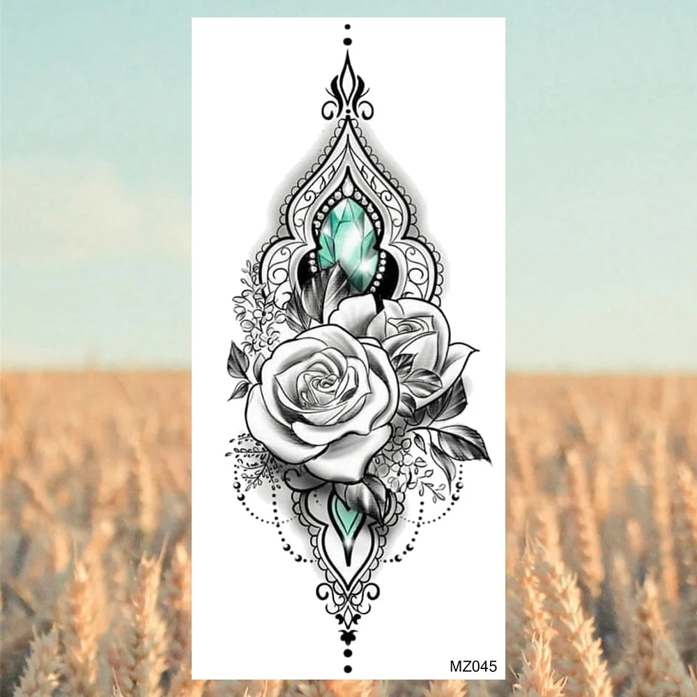 Black Lotus Pendant Temporary Tattoos For Women Adult Rose Flower Jewelry Fake Tattoo Fashion Calf Waterproof Half Sleeve Tatoos